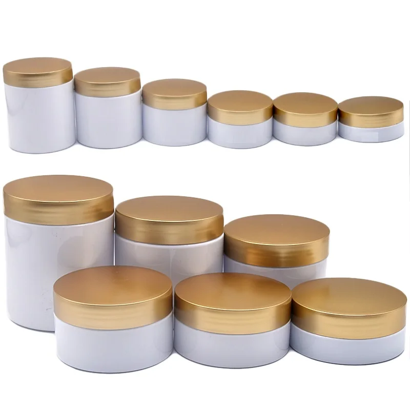 

20pcs Cosmetic Cream Jar Gold Screw Lid White Empty Facial Mask Pot Body Scrub 50g 80g 100g 150g 200g 250g PET Plastic Jar