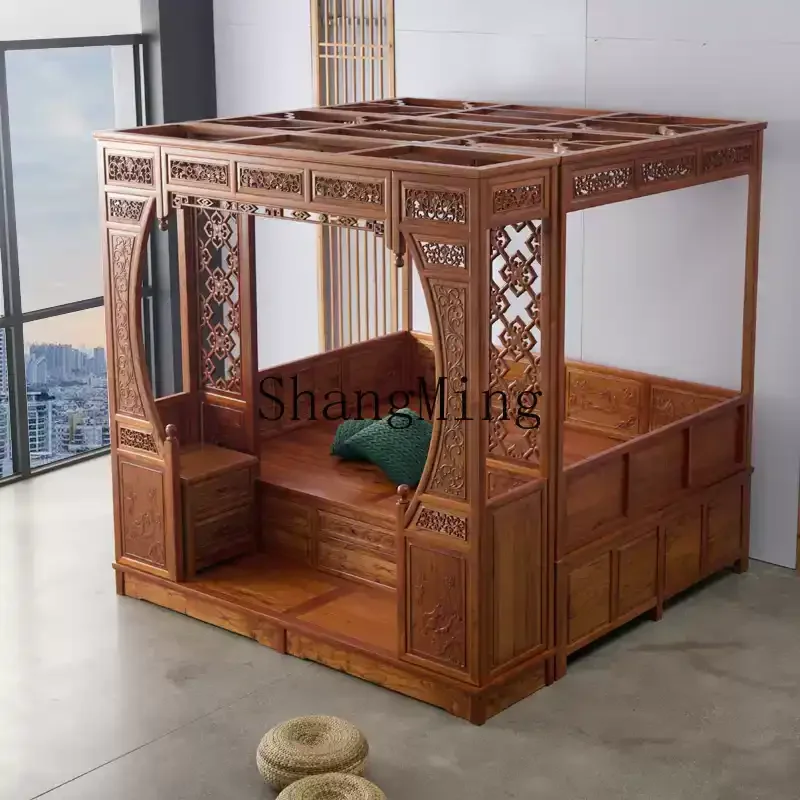 HJ antique solid wood step bed Chinese furniture two meters double pedal type classical carved shelf bed