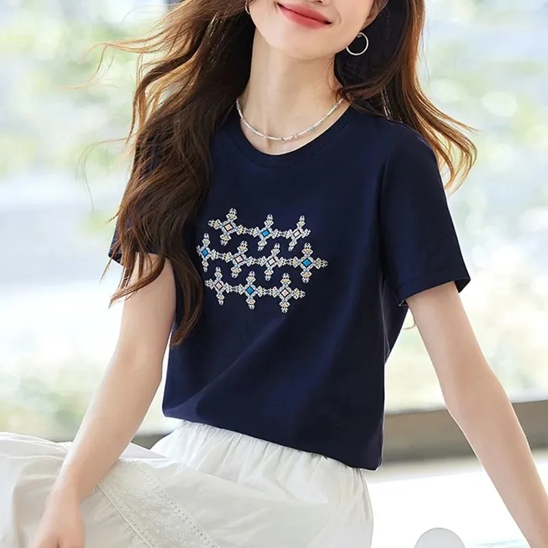 Women's Geometric Embroidered Short Sleeve T-Shirt - Round Neck Casual Cotton Top Ethnic Style Pattern for Summer Daily Wear