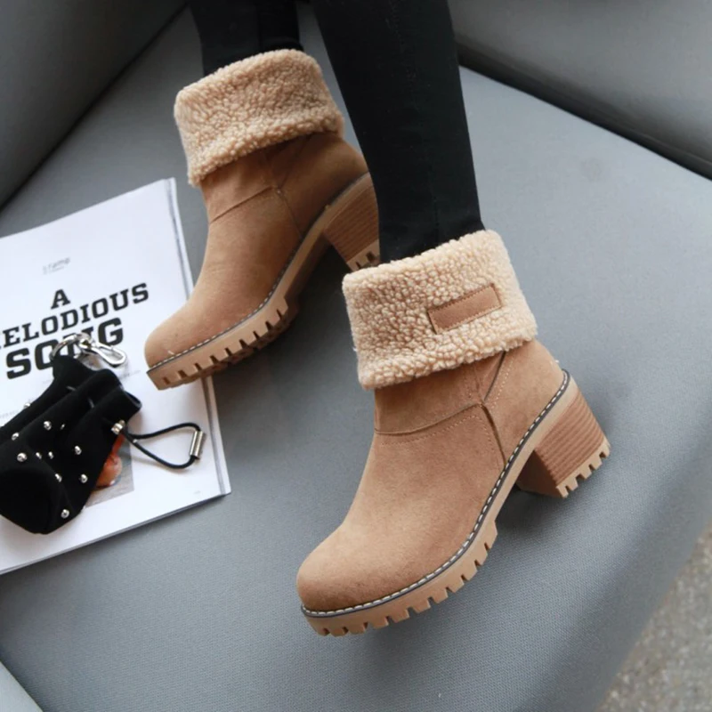 Womens Boots Female Winter Shoes Fur Snow Boots Warm Plush Women\'s Shoes Square High Heel Ankle Boots Black Botas De Mujer