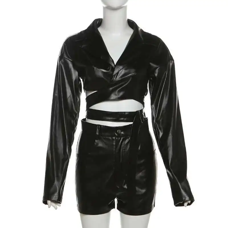 

Autumn New 2025 Women's Fashion Sexy Lapel V-neck Pu Leather Tight and Sexy Shorts Set