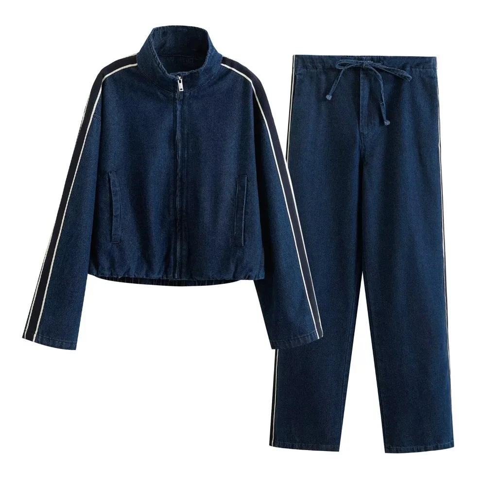 GELITAYIN Denim Sports Set Spring Zip-Up Track Jacket Elastic Waist Pants Contrast Side Stripe Casual Outfit