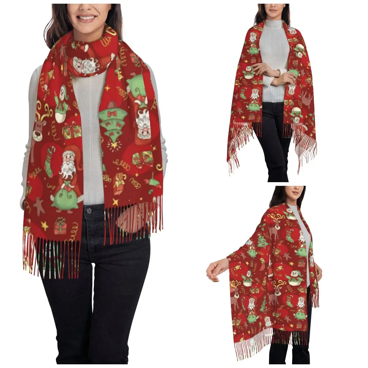 Christmas Santa Claus Scarf for Womens Winter Cashmere Shawls and Wrap Snowman Reindeer Single-sided Pattern Scarves with Tassel