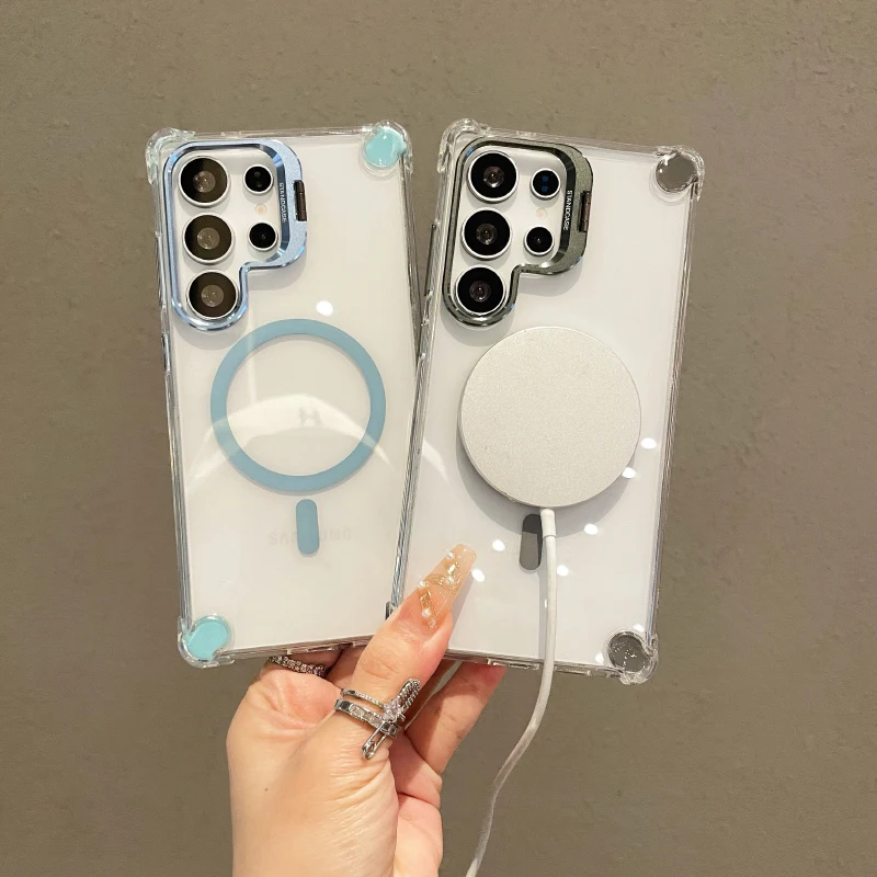 Für Magsafe Magnetische Objektiv Halterung Vier Ecke Anti Fall Stoßstange Telefon Fall Für Samsung S25 Ultra S23 S24 Ultra Acryl Zurück Abdeckung