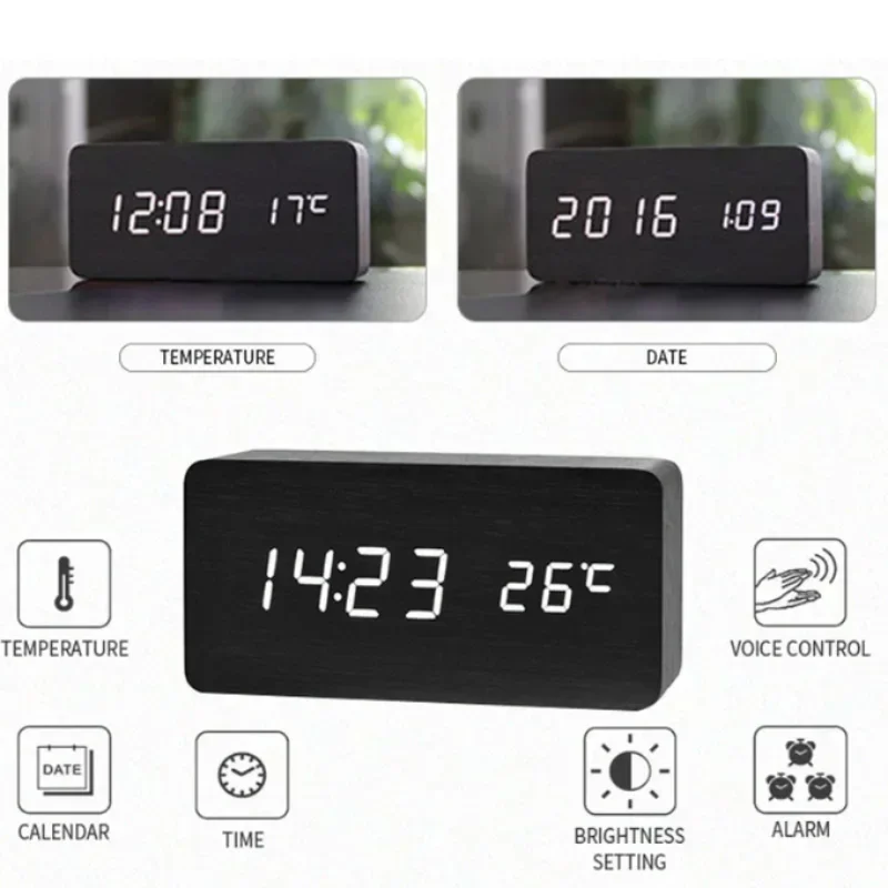 Digital Alarm Clock Wooden LED Table Clock with Temperature for Bedroom Office Travel Desk
