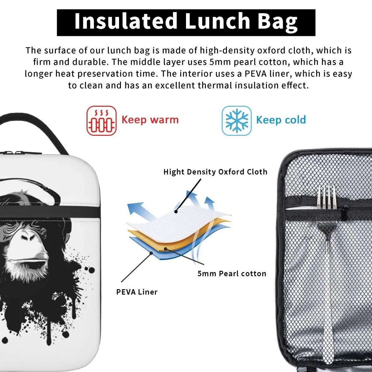 Monkey Business Thermal Insulated Lunch Bags for Work Reusable Food Container Bags Thermal Cooler Food Box