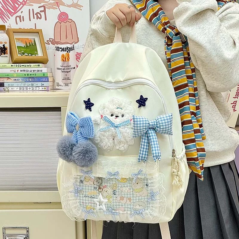 

Women's Cream White Canvas Backpack Lace Trim Plaid Bowknot Plush Charm Adjustable Strap Casual Daily School Bag 2026 New Y2K