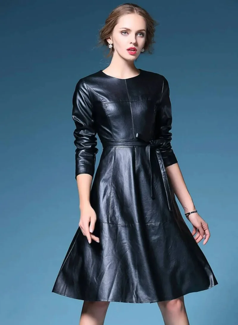 Leather Dress Women 100% Handmade Genuine Lambskin Black Leather Dress Long Sleeve Bodycon Dress