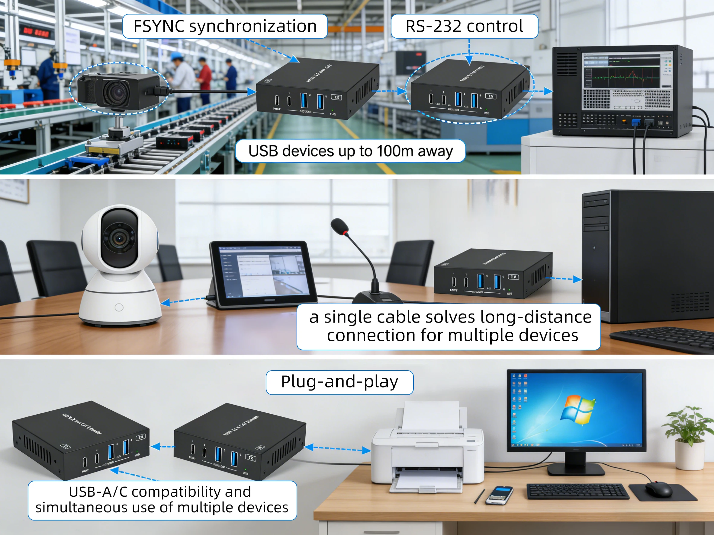 USB3.2 USB3.0 Extender Over CAT6 100m 5Gbps USB Type-C and USB Type-A Ports USB Extender 328ft FSYNC RS232 for Industrial Camera