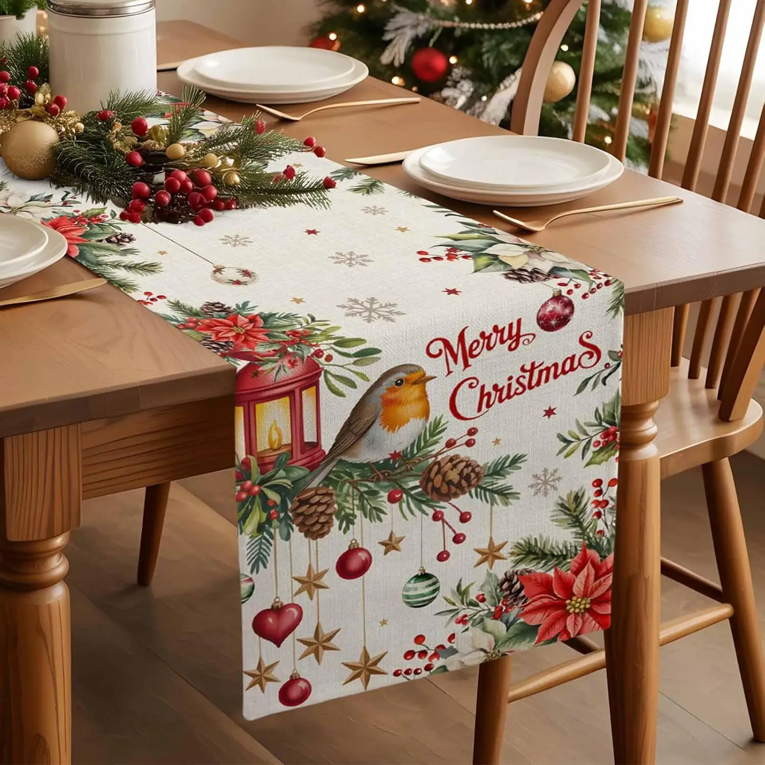 Christmas Poinsettia Pine Branches Table Runner Party Decor Reusable Winter Kitchen Dining Table Runner Christmas Decoratoins