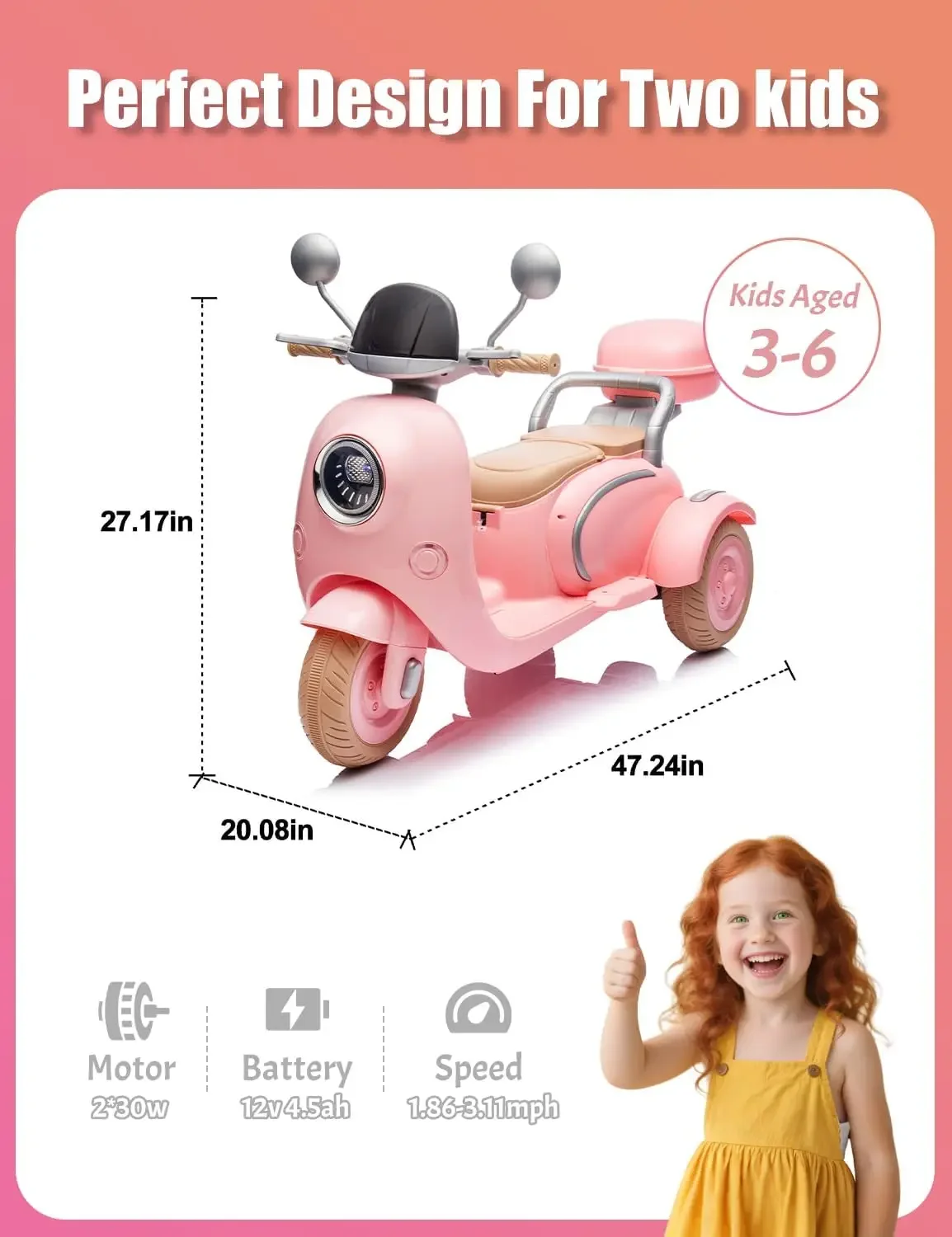 12v crianças motocicleta elétrica bicicleta elétrica para criança 3-6 3 rodas passeio na scooter com usb, bluetooth, luzes 2 assentos motor duplo