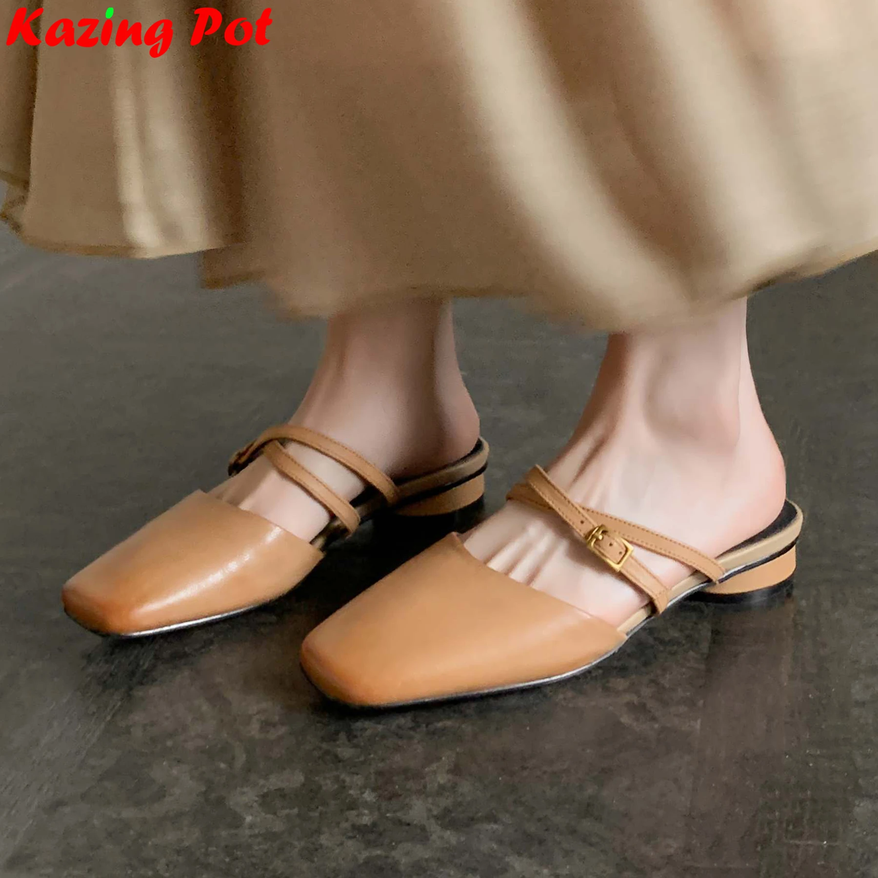 Krazing Pot Sheepskin Slingback Low Heels Summer Shoes Outside Slippers Casual Dating Elegant Mules Dress Slip On Women Pumps