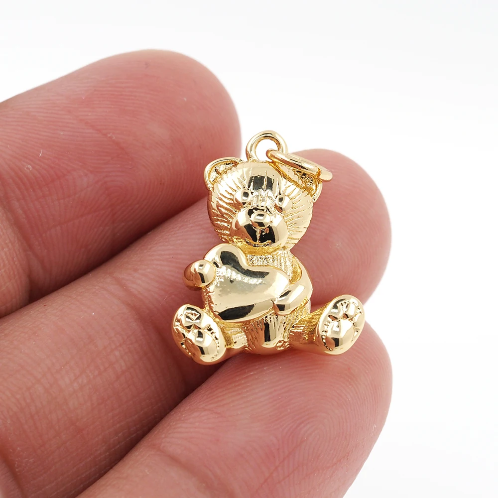 New Trendy Love Heart Bear Pendant Gold Plated Copper Hip Hop Teddy Bear Necklace Key Chain Accessories For DIY Jewelry Making