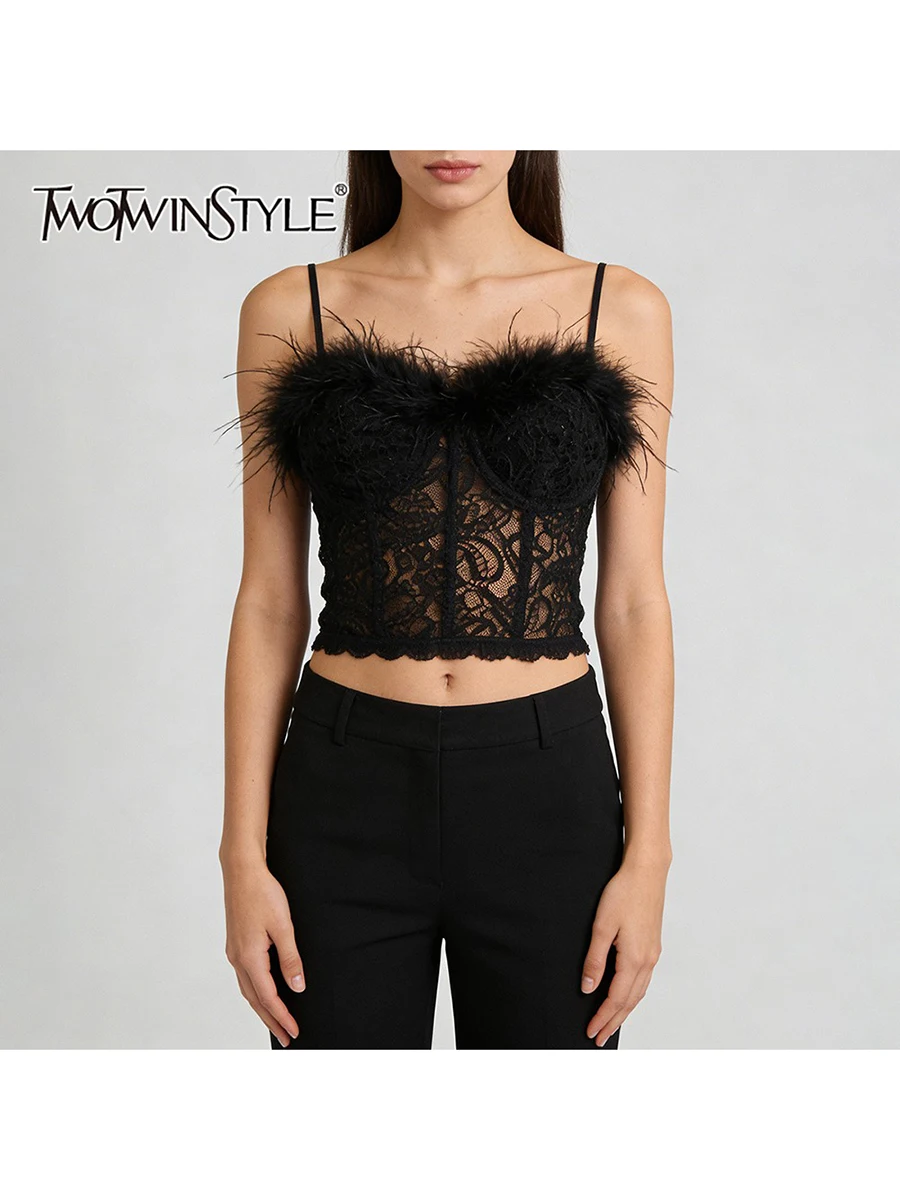 TWOTWINSTYLE Sexy Slimming Spliced Feathers Vests for Women Square Neck Sleeveless Sheer Patchwork Lace Fashion Vest Female New