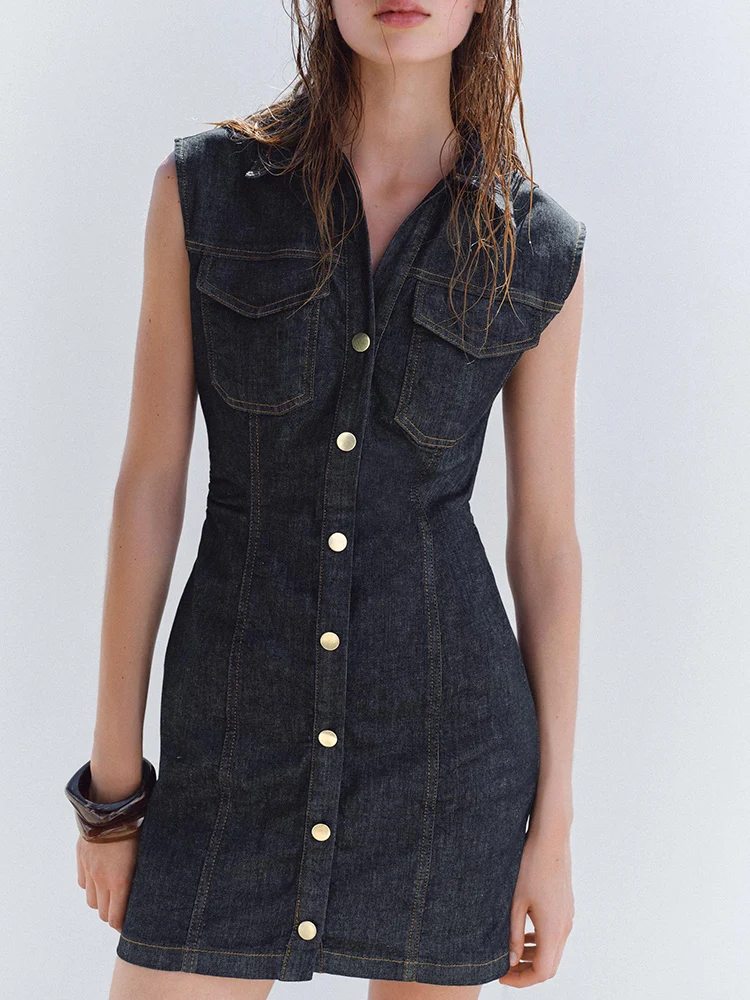 

Новое летнее поступление, женское джинсовое платье Dr на одной пуговице с высокой талией и воротником-стойкой, длина, однотонное бальное платье