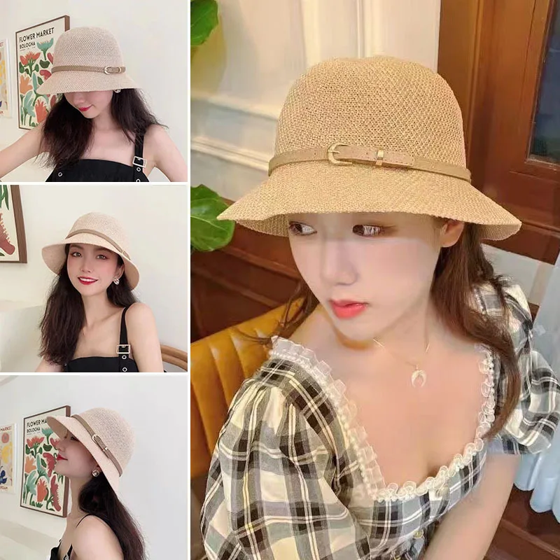 New Women's Sun Hat Simple Linen Breathable Refreshing Hat Summer Travel Sunscreen Sun Ribbon Decoration Foldable Straw Hat Gift