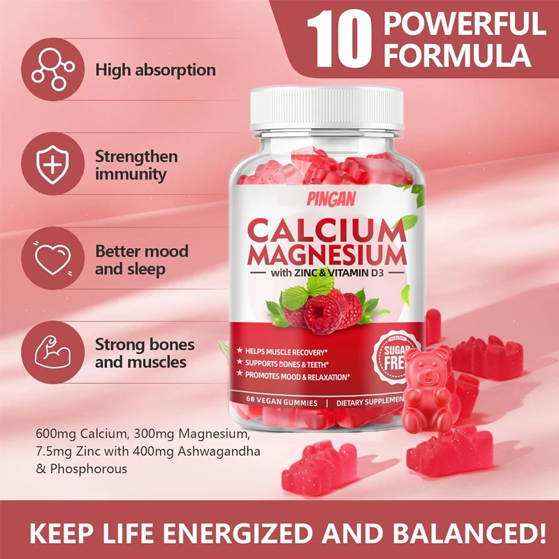 

Calcium, Magnesium, Zinc, and Vitamin D3 Are Used for Bone, Muscle, and Immune Health. 60 Raspberry Flavored Gummies
