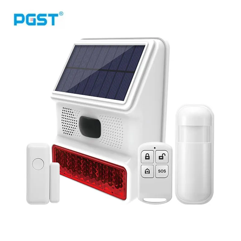 PGST Wireless Solar Alarm Siren Outdoor Sound Light Flash Alarm Horn Work With 433MHZ Remote Control door Sensor PIR Detector