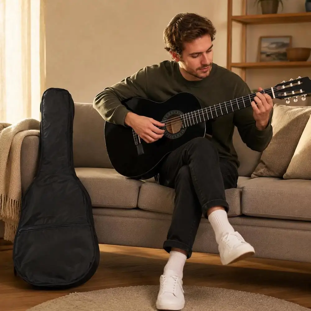Chitarra classica, 52,5 cm, set per principianti con corpo in legno massello di tiglio, meccaniche, tastiera in plastica, custodia, tracolla, plettri, tubo per accordare e set di corde, ideale per