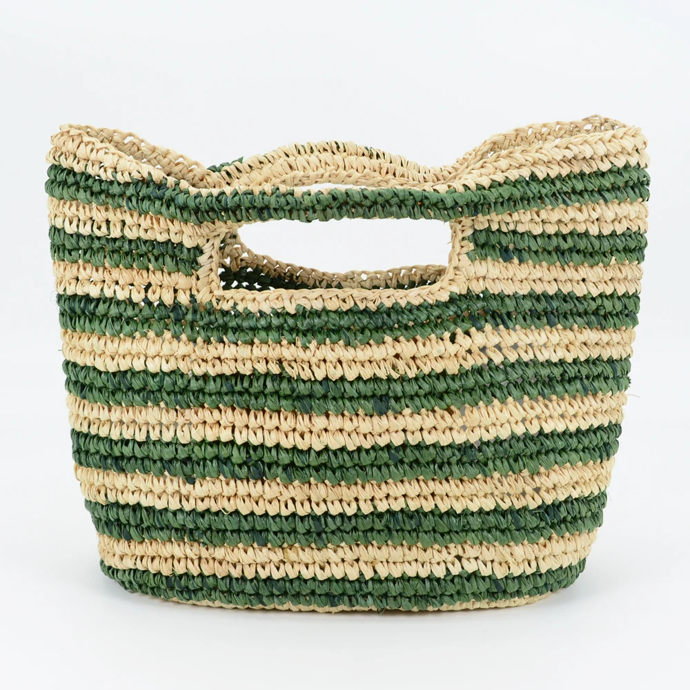 สีเขียวและธรรมชาติลาย Raffia ขนาดเล็กลำลอง Tote