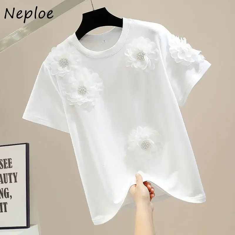 Neploe Women Loose All-match Tees Heavy Beaded Sweet Stereo Flower Decoration Tops Round Neck Pullover Short Sleeved T-shirt