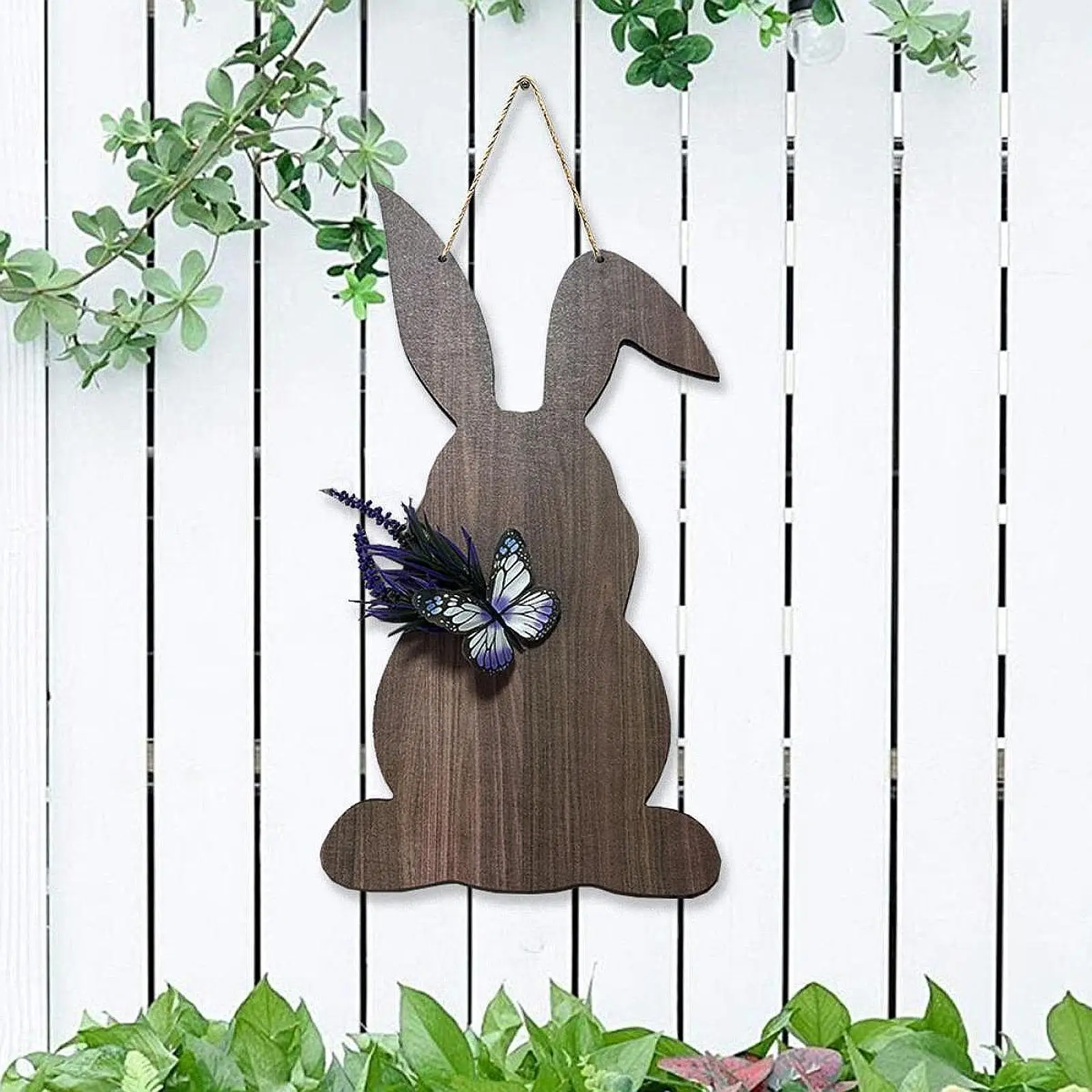 Conejo de Pascua, letrero de madera para puerta delantera, decoración rústica para el hogar, forma ligera de conejo