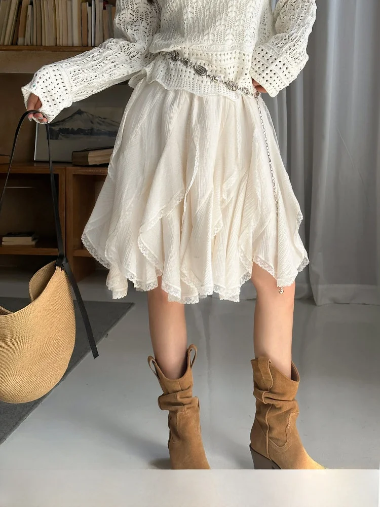 

White Asymmetrical Hem High Waist Midi Skirt Women's Summer High Waist A-Line Cake Skirt Merries Matures Simple Sle