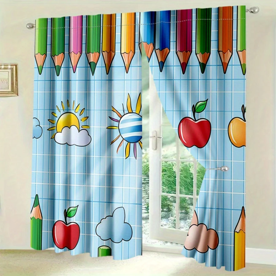 2PCS Digital Printed Curtains, Blue Plaid Color Pencil Design, Modern Minimalist Style for Living Room Bedroom Home Decor
