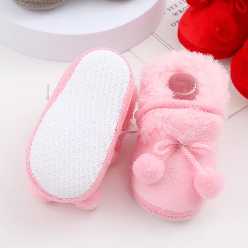 Infant Toddler Baby\'s Winter Snow Boots Plush Bobble Decorated Boots Warm Baby First Walker Children\'s Shoes