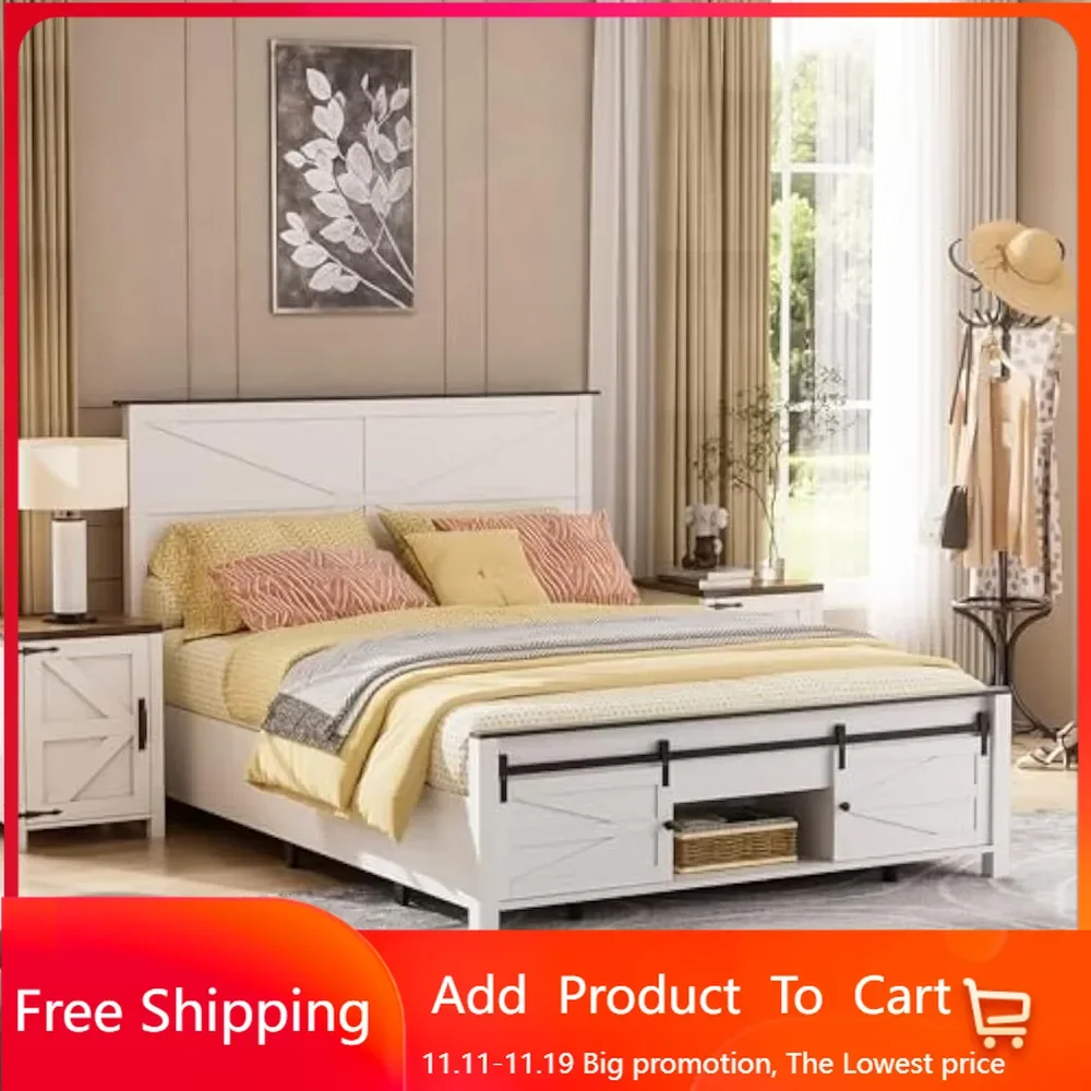 

Queen Bed Frame, Farmhouse Wood Bed Frame Queen Size with Sliding Barn Door and Storage, No Box Spring Needed, White