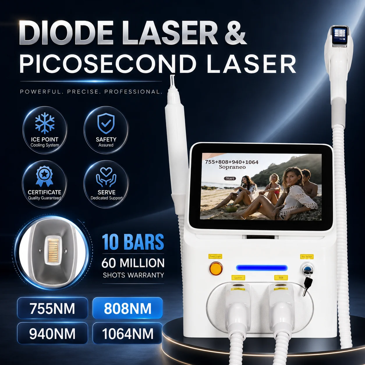 Professional 2 IN 1 808nm Diode Hair Removal Machine Home Salon Use 10 Bars LED Touch Screen Sapphire Ice Cooling