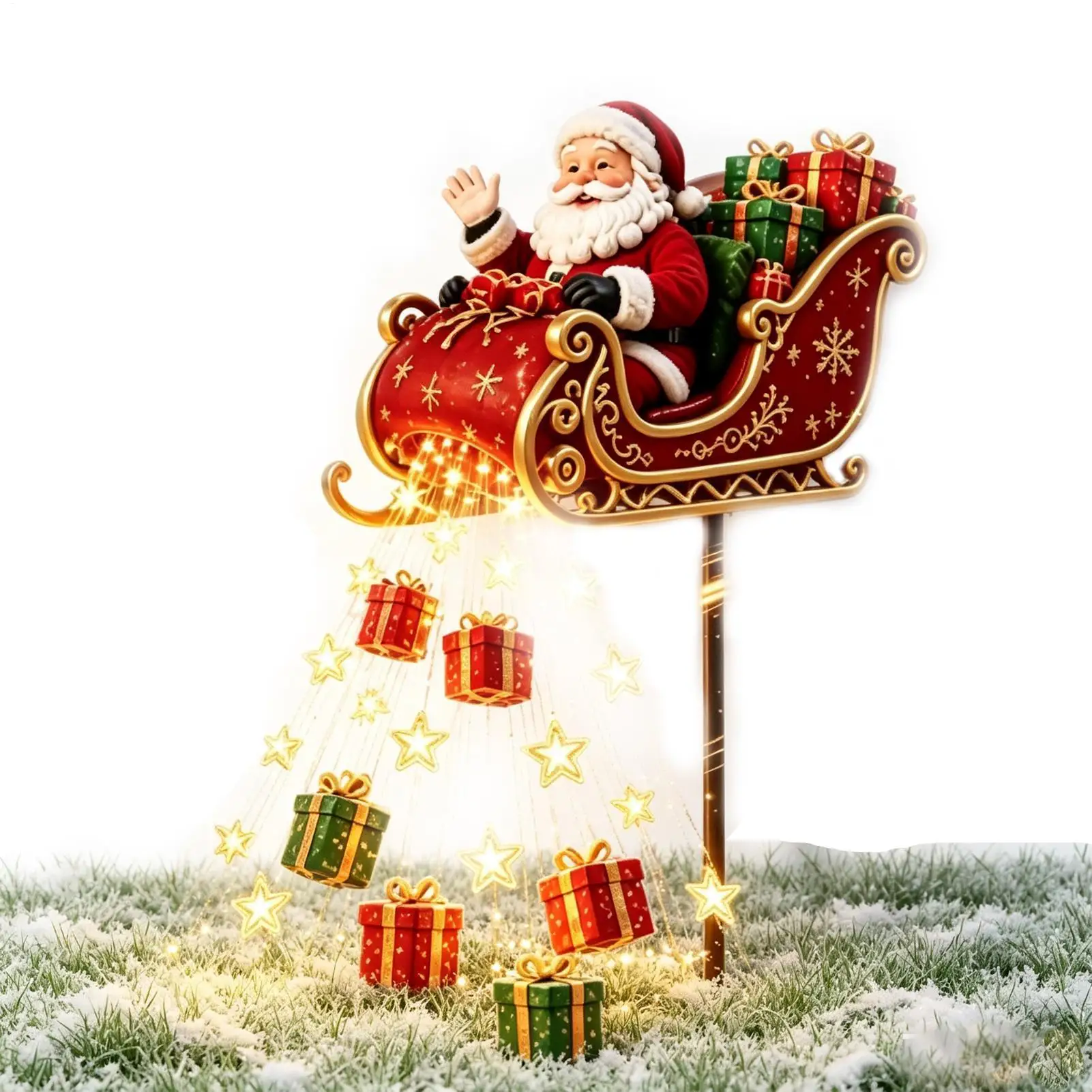 Solar Christmas Garden Lights Santa Claus Flying Sled Gift Waterfall Lights Solar Powered Cascading Warm Glow Lights Decoration