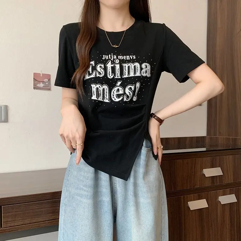 Korean Basic Letter Printed Pullovers Women's Clothing Fashion Folds Irregular Summer Short Sleeve Casual Asymmetrical T-shirts