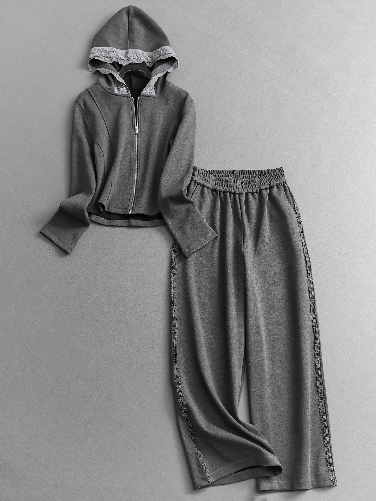 

Lace Splice Slim Fit Jacket Loose Straight Casual Pants Women's Set High Waist Zipper Closure Breathable Short Length