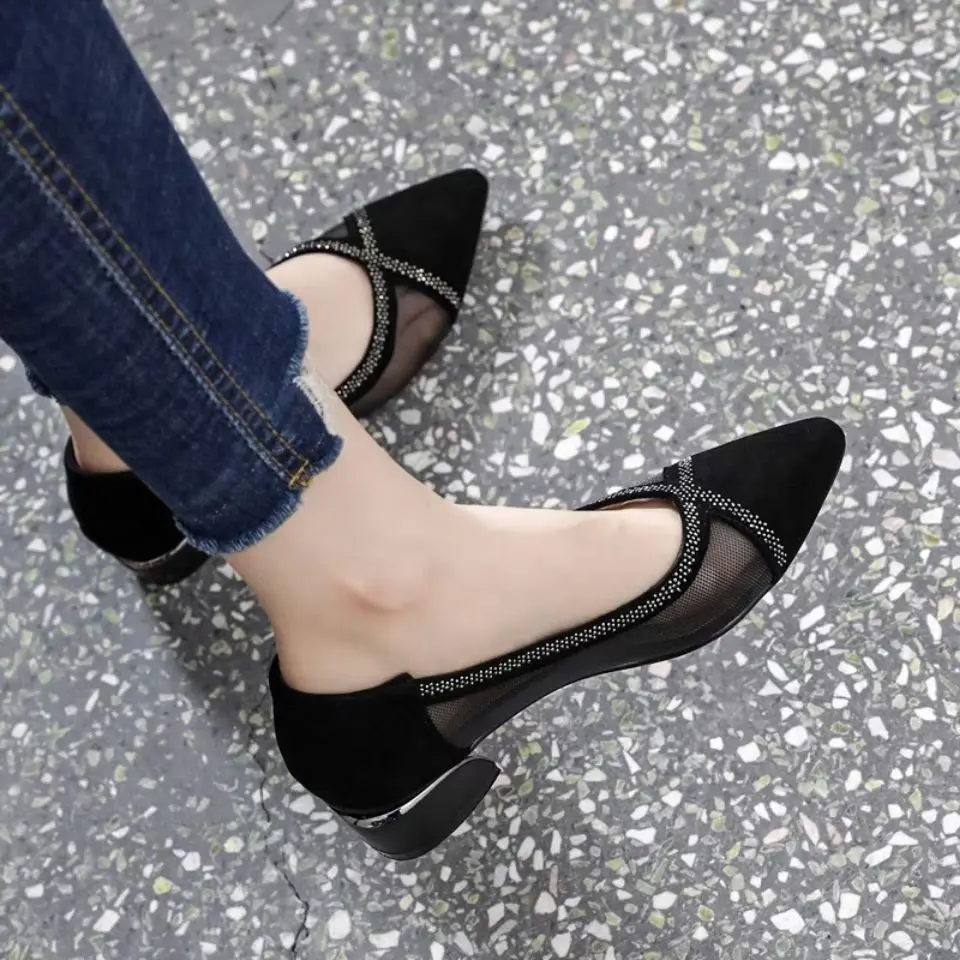 Zapatos de tacón para mujer con punta estrecha y tacones cuadrados con diamantes de imitación, zapatos formales con cristales, vestido elegante de marca de lujo negro 39