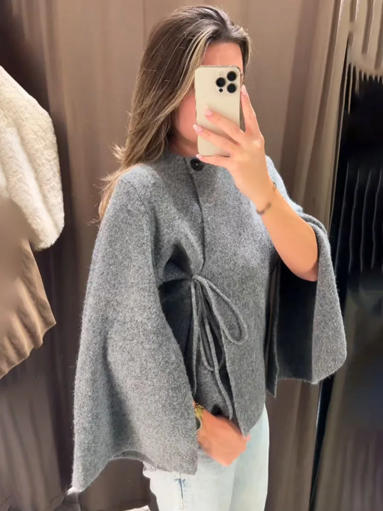 HH Frauen Herbst Neue Mode Stricken Mäntel Solide Oansatz Langen Ärmeln Taste Spitze-Up Dekoration Weibliche Casual Strickjacken