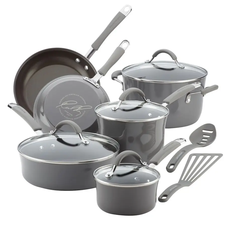 

Ray 16802 Rachael Ray Cucina Nonstick Cookware Pots and Pans Set, 12 Piece, Sea Salt Gray