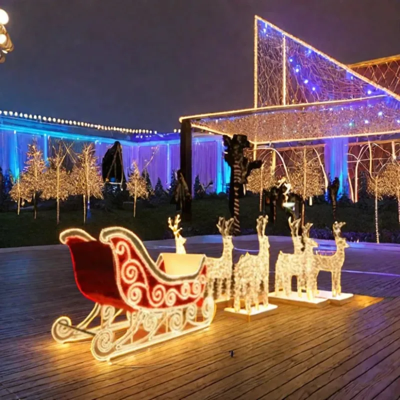Customize IP65 Waterproof Christmas Decoration Street Deer Motif Life Size 3d Led Sleigh Santa Claus and Reindeer Outdoor Light