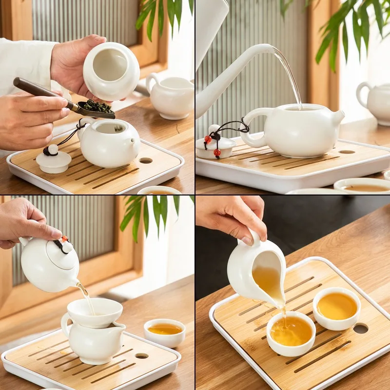 Ceramic travel tea set - a set of four cups for one pot, with a tea tray, portable for outdoor use, tea infuser for brewing tea.