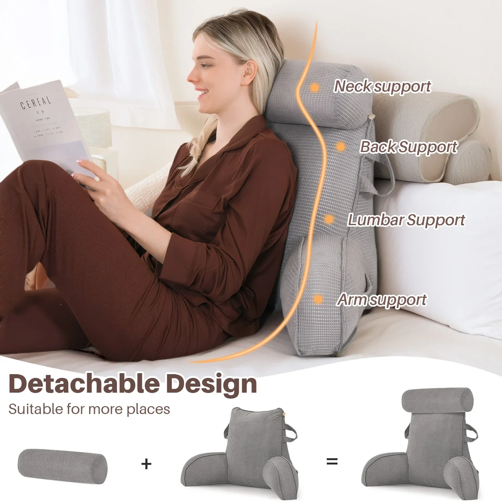 Reading Pillow Large Bed & Sofa Backrest Reading Pillows for Sitting in Bed Adults Arm Back Neck Support Pillows with Detachable