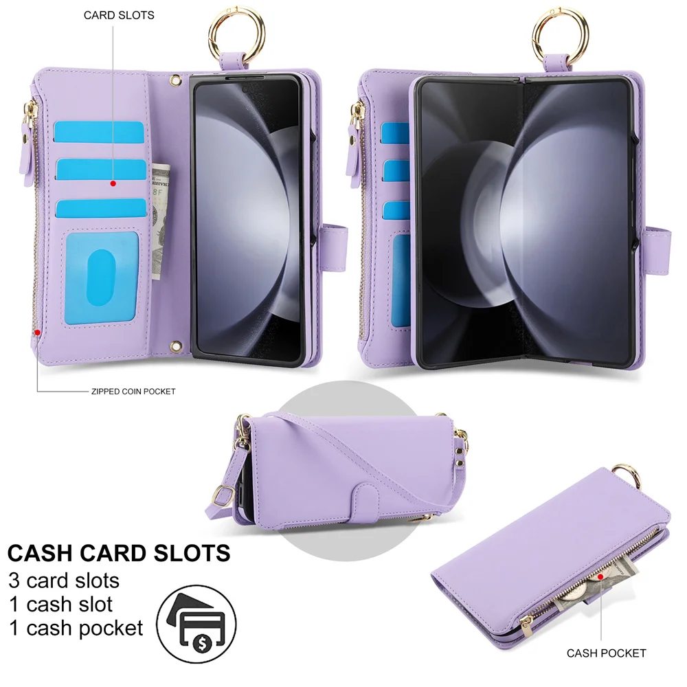 Crossbody Wallet Phone Case For Samsung Galaxy Z Fold 6 5 4 3 Fold6 Fold5 Fold4 Fold3 5G Cards Solt Ring Holder PU Leather Cover