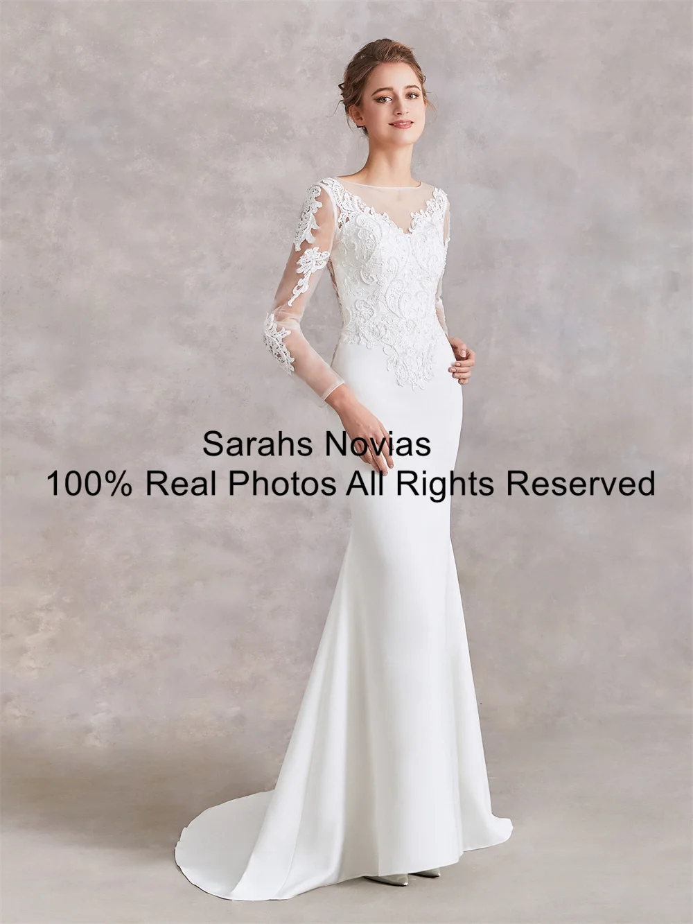 Stretch Crepe Mermaid Wedding Dresses Women Long Sleeves Beading Lace Brides Civil Wedding Gown Illusion Back Short Tail Custom