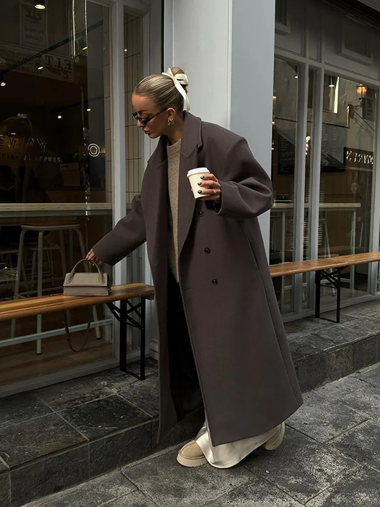 Lapel Collar Woman Double Breasted Woolen Overcoat Elegant Solid Color Full Sleeve Loose Long Jacket New Female Fall Street Coat