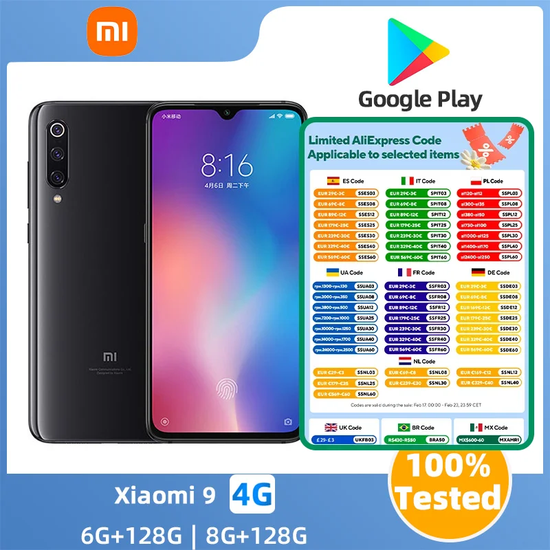 Xiaomi 9 4G Android 6.39 inch Qualcomm Snapdragon 855 RAM 6GB ROM 128GB 3300mAh Battery Global Version used phone