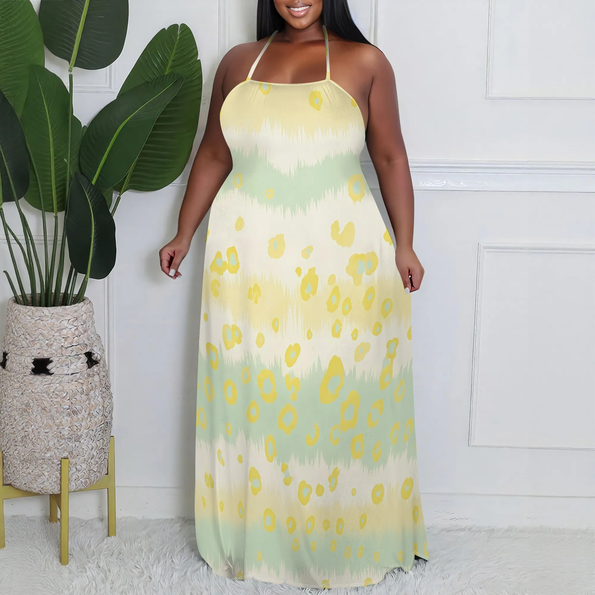 

Plus Size Summer Boho Maxi Dress for Women, Sleeveless Halter Neck A-Line V-Neck Leopard Print Beach Party Vacation Dress XL-6XL