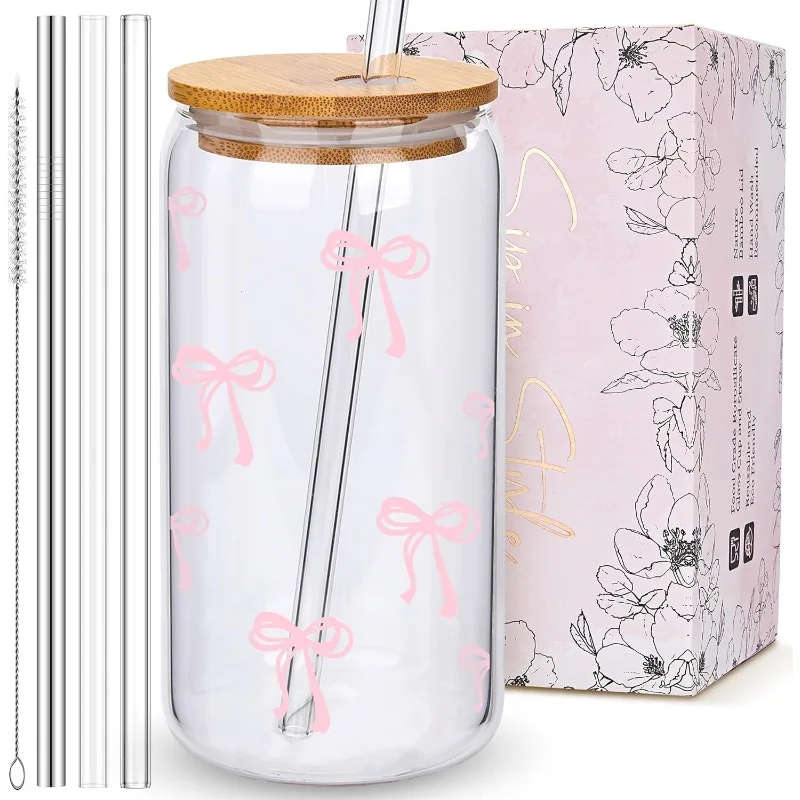 Vasos de Vidrio de 500 ml con Tapa y Pajita, Diseño con Lazo Rosa, para Agua, Leche Helada, Café, Smoothies, Cócteles, Matcha y Jugos