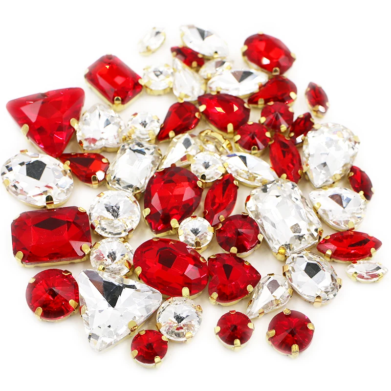 50pcs/Bag Shiny 21Color Matching Mixed Shape Sew on Glass Rhinestone Gold Claw Crystal Diy Wedding Decoration Clothes/Shoe/Dress