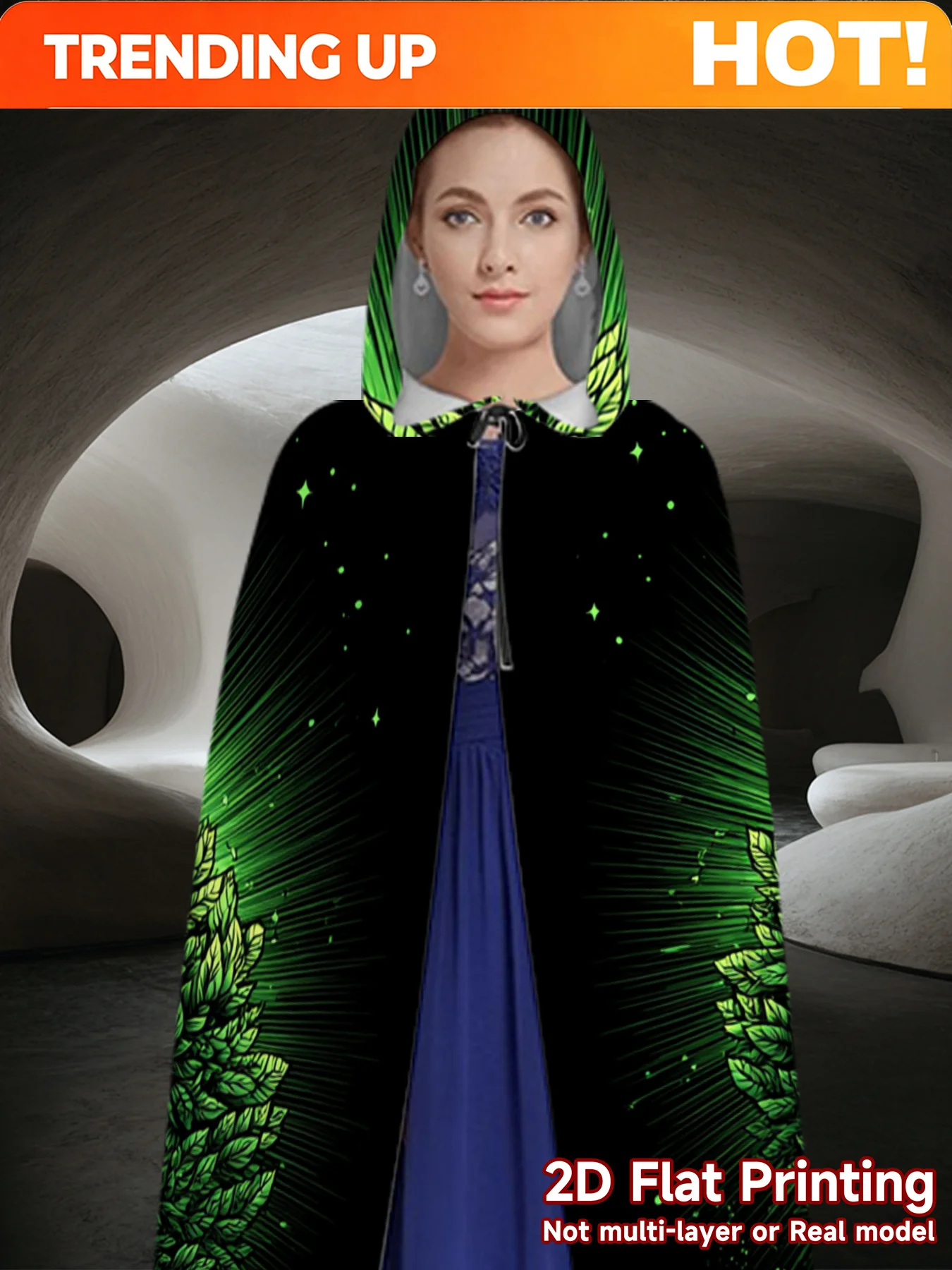 Customization [Medieval Hooded Cloak] Medieval Hooded Robe - 1pc 1pcs Full-Body Green Tree Print Hooded Cloak For Cosplay