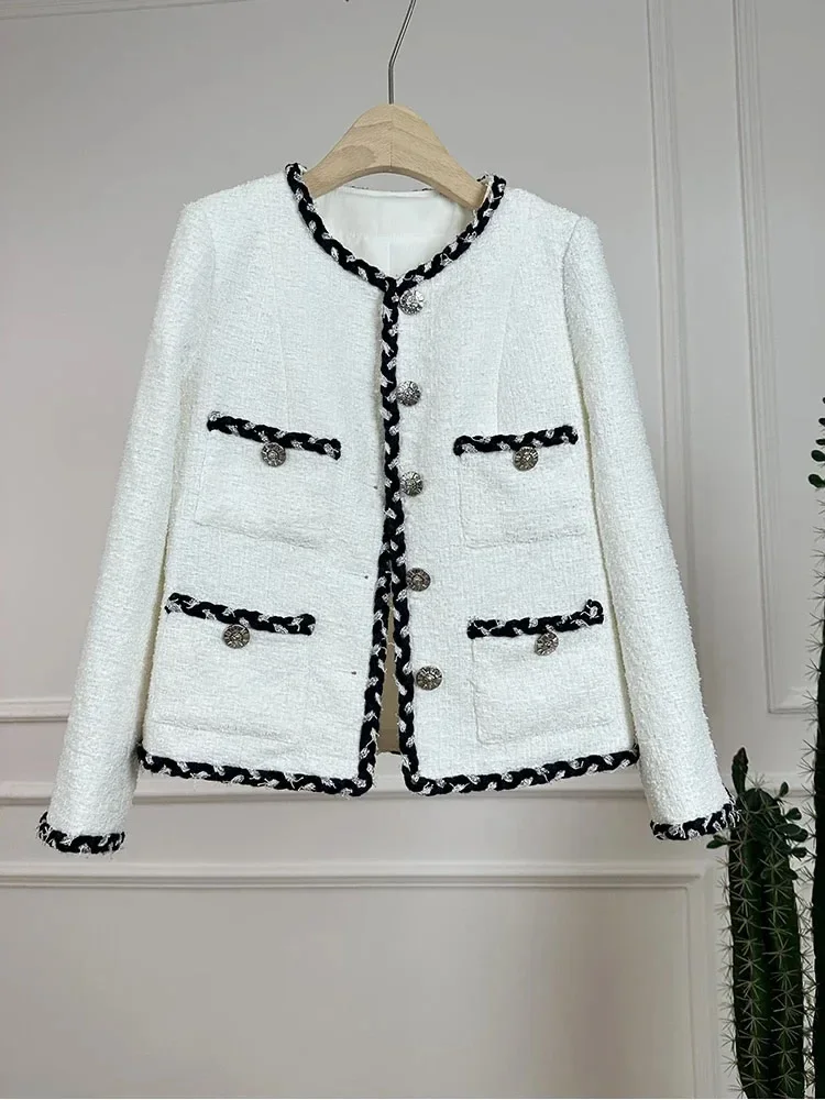 Fashion Elegant Rhinestone Patchwork Lace Trim Tweed Jacket Women's Short Coat Commute Style Long Sleeve Button Office Ladies