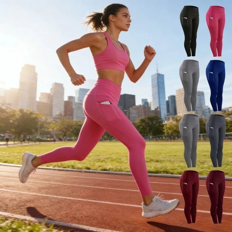 

High Stretch 3 4 Leggings Women High Waist Color Block Yoga Pants with Side Pockets for Running Workout